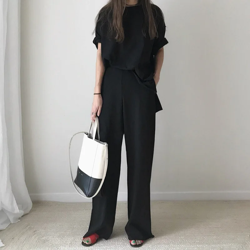 women solid color cotton short sleeves t shirt flared trousers pants woman casual suit two piece set Suit Sport yoga tracksuit | Женская