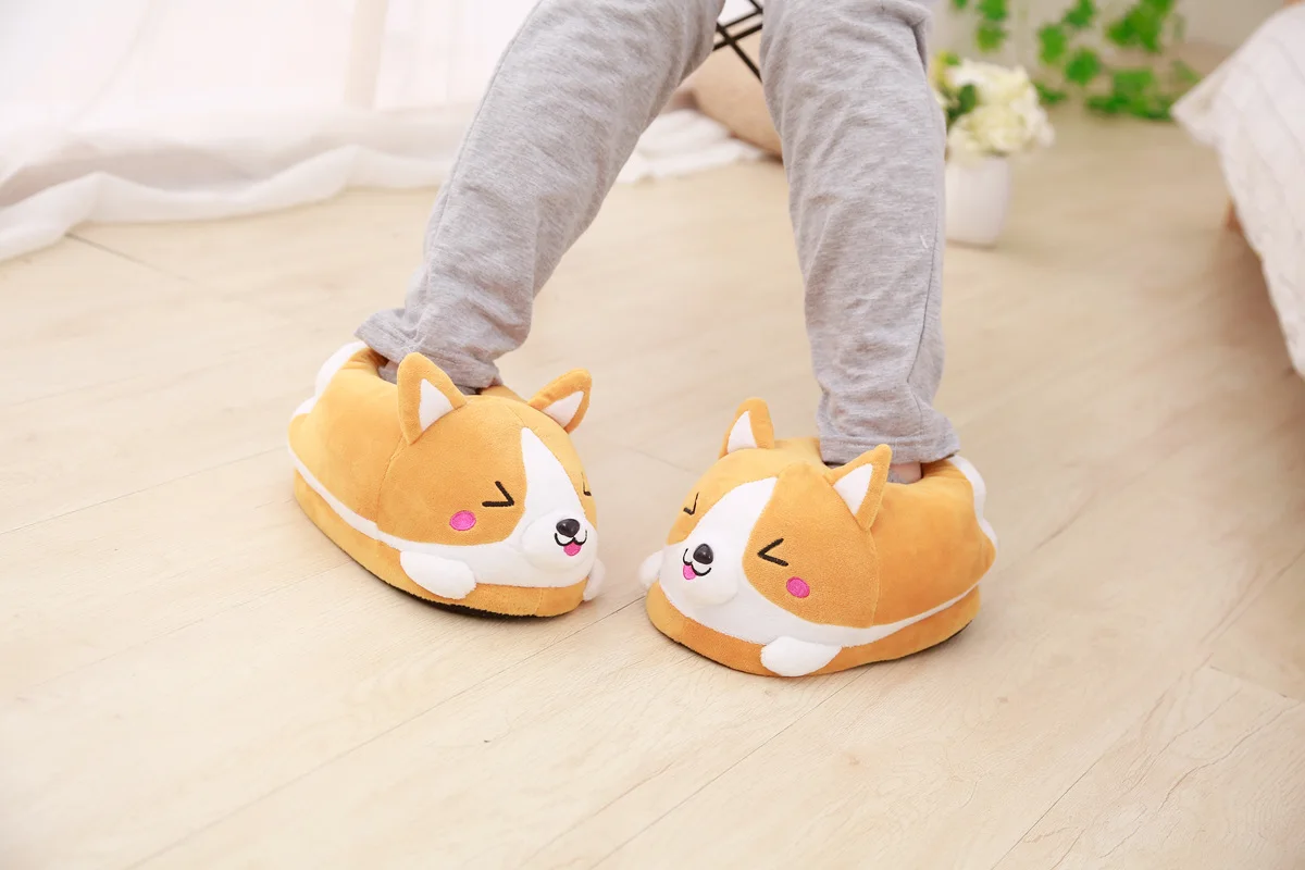Lovely Corgi Shoes Heeled Cartoon Animals Dog Slippers Plush Indoor Floor Shoes Anti-slip Girls Ladies Friend Gift