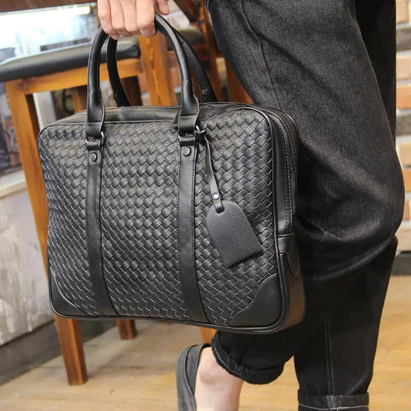 

High-quality brand men's black large-capacity retro lightweight business casual computer briefcase woven portable men's bag