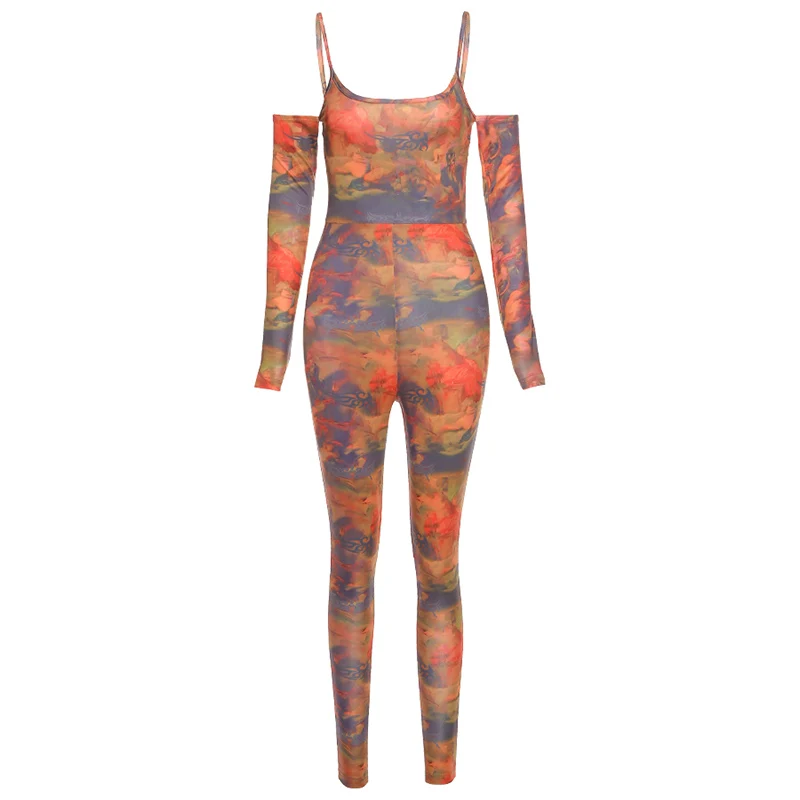 

Tight Bodysuit 2021 summer Beach Jumpsuit For Women New Fashion TLong sleeves camisole printing Sexy high street Casual bodysuit