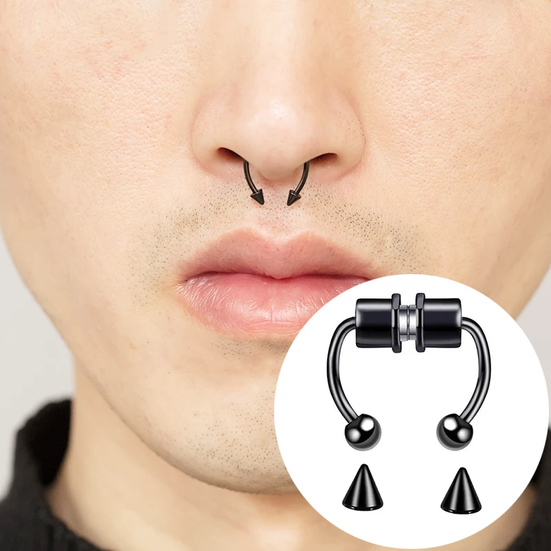 

1PC Magnet Fake Nose Rings Stud Surgical Steel Ball Cone Non Piercings Jewelry New Magnetic Fake Piercing Septum Hoop for Women