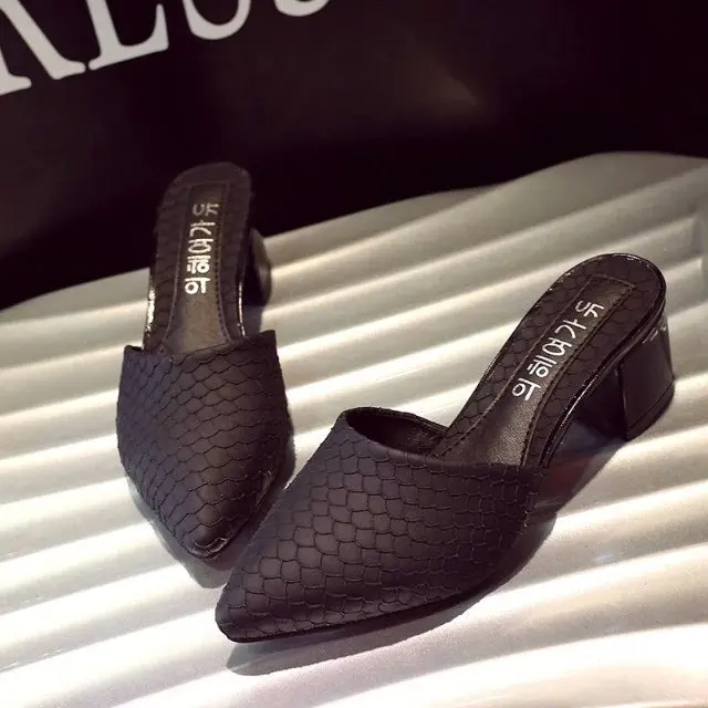 

Beige Heeled Sandals Square heel Med Slippers Women Summer Shoes For Girls Pantofle Slides Cover Toe Black Block Lady 2021