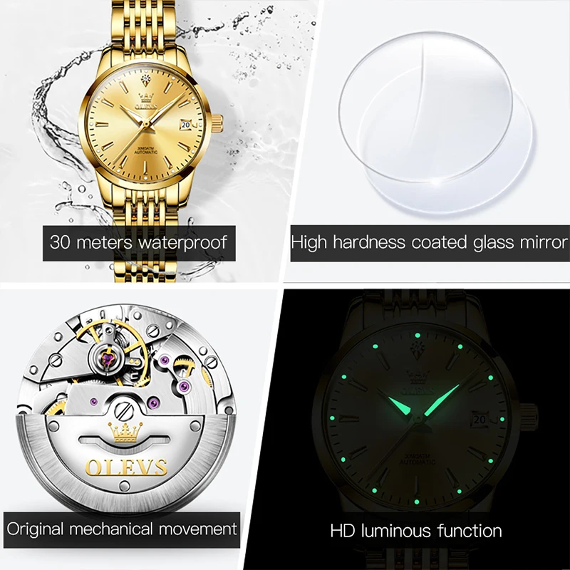 OLEVS Women Watch Luxury Full Gold Watch Slim Stylish Simple Ladies Wrist Watches Calendar Display Water Resistant Reloj Mujer enlarge