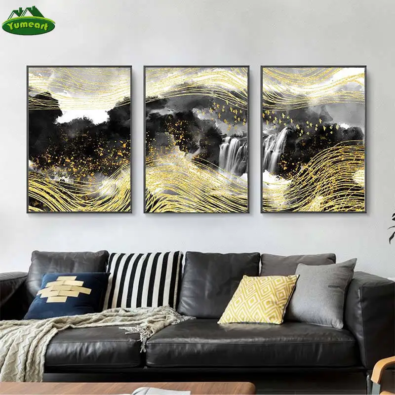 Современная Золотая линия Черная гора водопад туманный пейзаж холст живопись