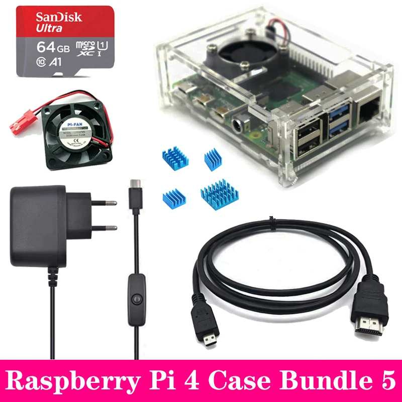Bundle 5 Для Raspberry Pi 4 Чехол прозрачный акриловый чехол с крутым вентилятором алюминиевый радиатор для Raspberry Pi 4 Модель B Pi 4B Pi4 - Цвет: Bundle 5