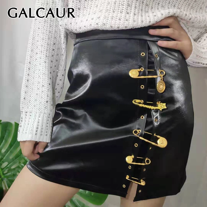 Женская мини юбка из искусственной кожи GALCAUR трапециевидной формы с высокой