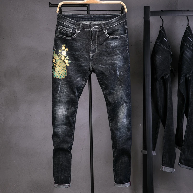 Уличные рваные джинсы 2020 мужские облегающие длинные брюки с вышивкой в виде