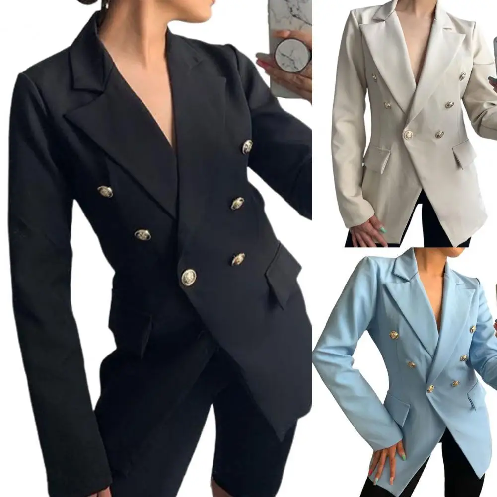 

Formal Suits Jacket Women Slim Fit Medium Long Blazer Double Breasted Solid Cardigan Blazer for Business Office Uniform Style
