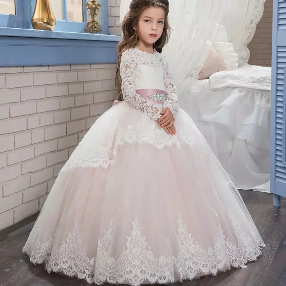 LEOSOXS New Style Pink Ivory White Double Lace Long Sleeve Winter Prom Flower Girl Dresses for Wedding Birthday Party with Bows