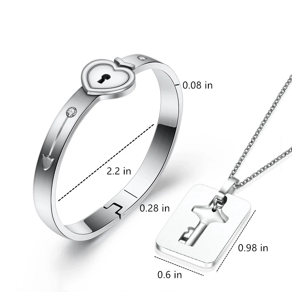 

A Couple Jewelry Sets Stainless Steel Love Heart Lock Necklace Bracelets Bangles Key Pendant Couples Free Shipping