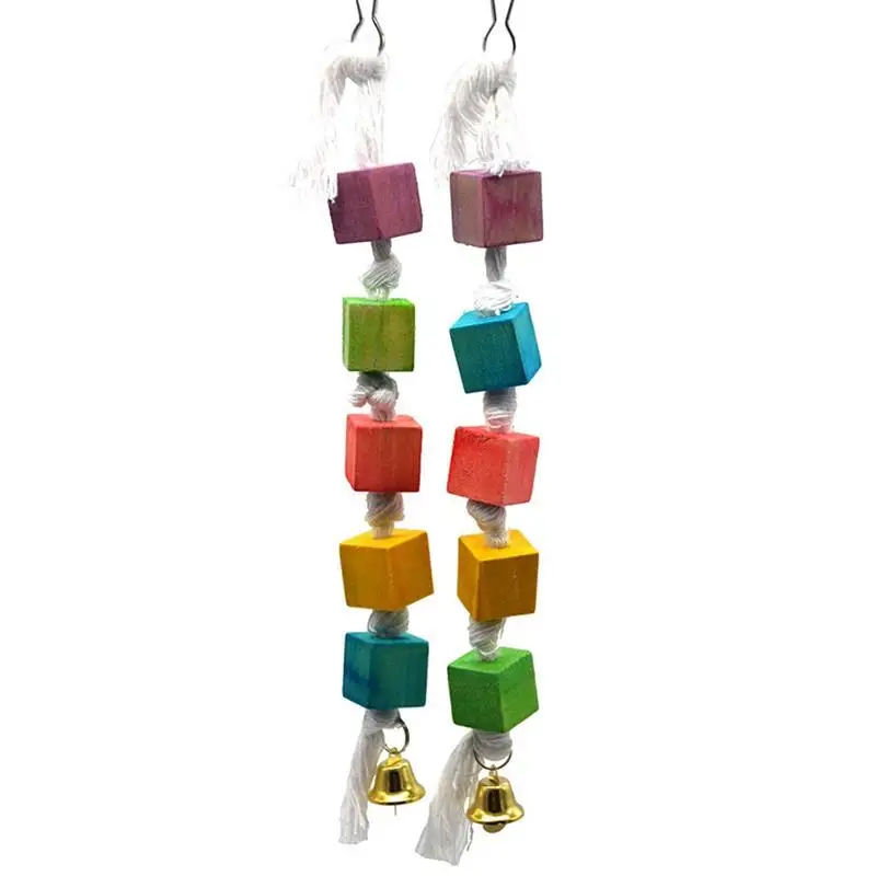 

Creative Wooden Bird Block Toy With Bell Cotton Rope Bite Resistant Parrot Wood Chewing Toy Cage Accessories Bird Playing Toys
