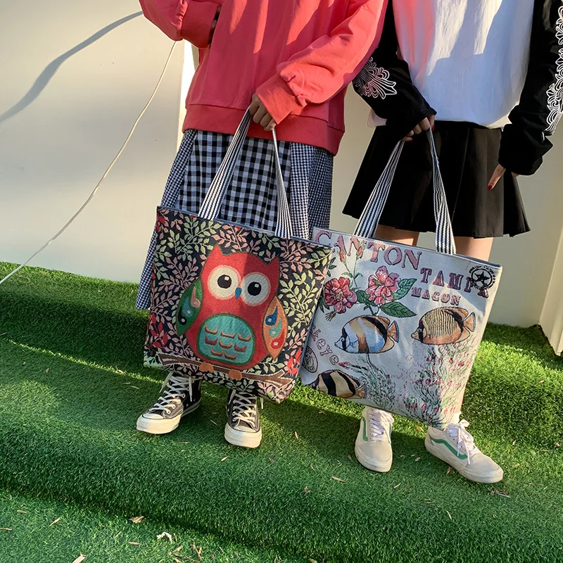 

Large Capacity Women's Canvas Bag 2021 New Fashion Cartoon Print Shoulder Bag Messenger Bag Student Zipper Handbag School Bag