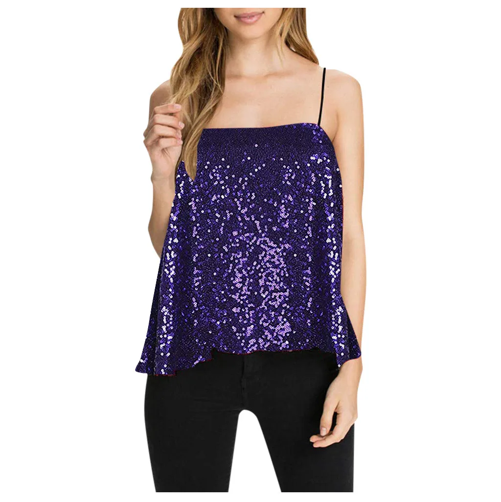 Женские блестящие блесток Топ на бретельках с открытой спиной сексуальные топы
