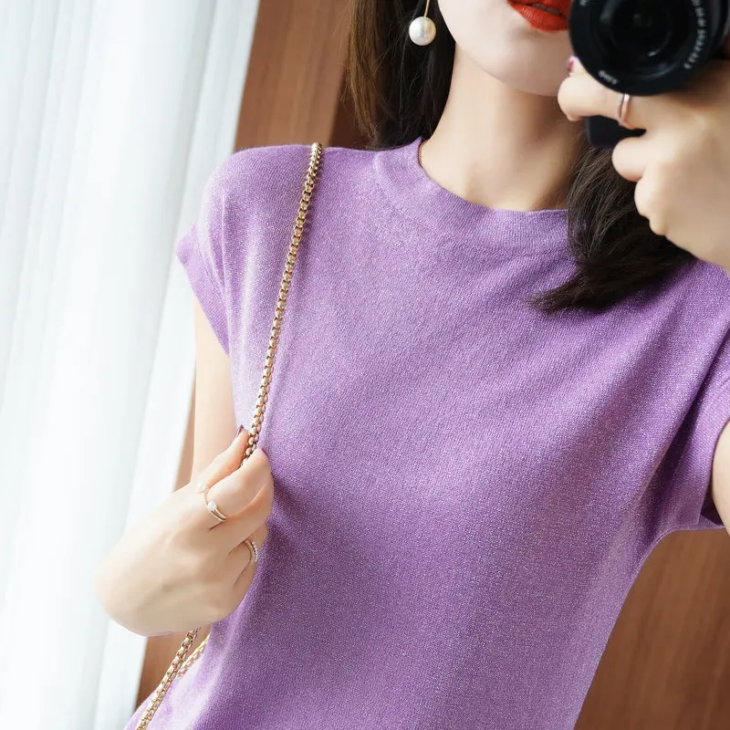 Новые летние вязаный свитер женский свободный джемпер пуловер с короткими