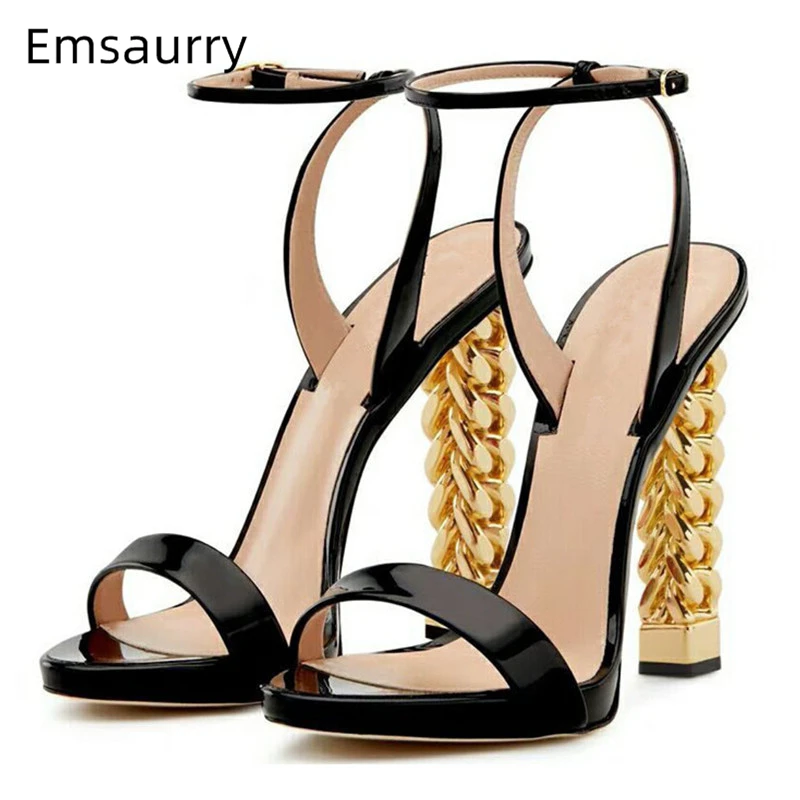 Уникальные женские босоножки на высоком каблуке с золотым металлическим