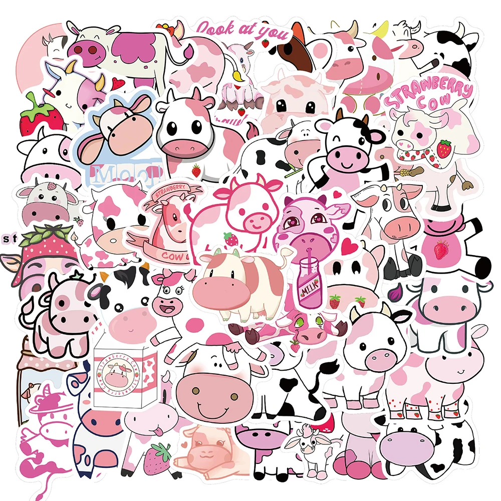 Pegatinas de dibujos animados de animales, calcoman&iacute;as de dibujos animados de fresa y vaca, para ordenador port&aacute;til, guitarra, tel&eacute;fono, bicicleta, coche, juguete, 10/30/50 Uds.-0