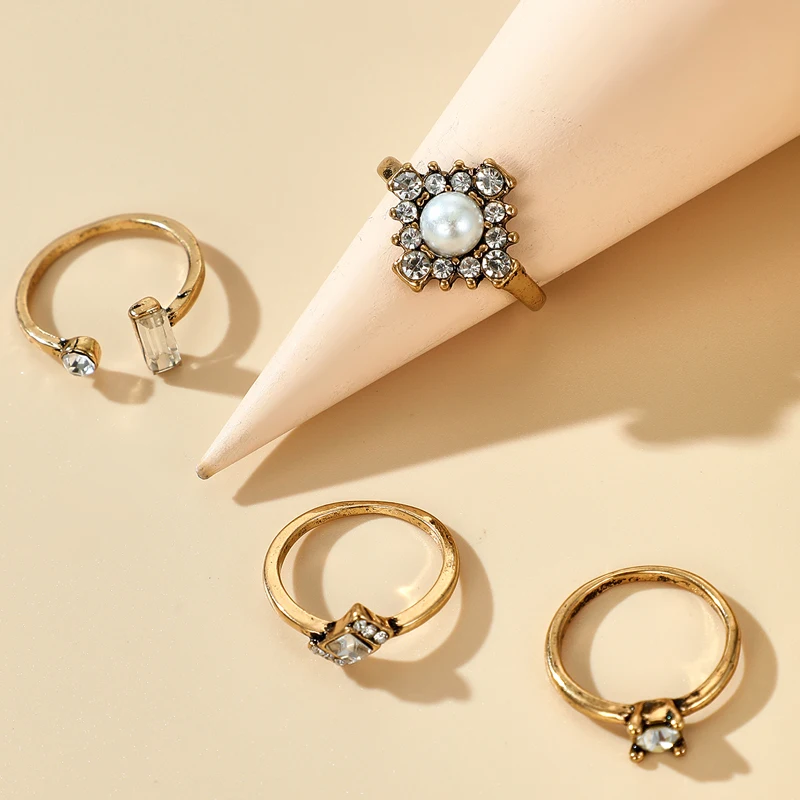 Винтажные золотистые и серебристые кольца с синим кристаллом жемчугом набор