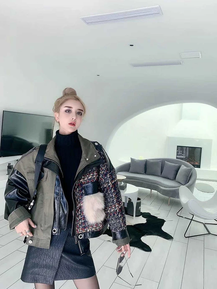 Женская твидовая куртка с карманами и лисьим мехом | одежда