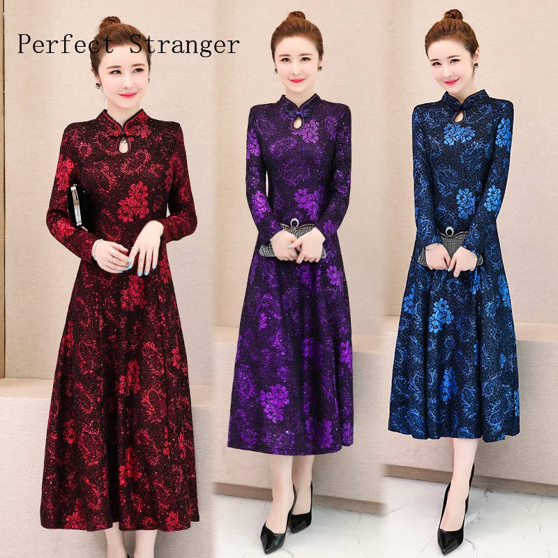 Осень Зима Новое поступление размера плюс M-3XL Ретро Cheongsam стоячий воротник жаккард длинный рукав женское длинное платье