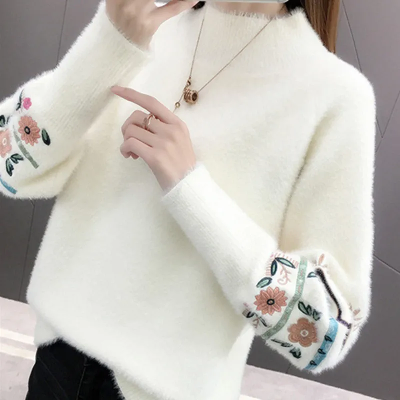Mink Velvet Knitted Sweaters Women 2022 New Autumn Winter Korean Embroidery Pullover Female Thicken Long Sleeve Tops | Женская одежда