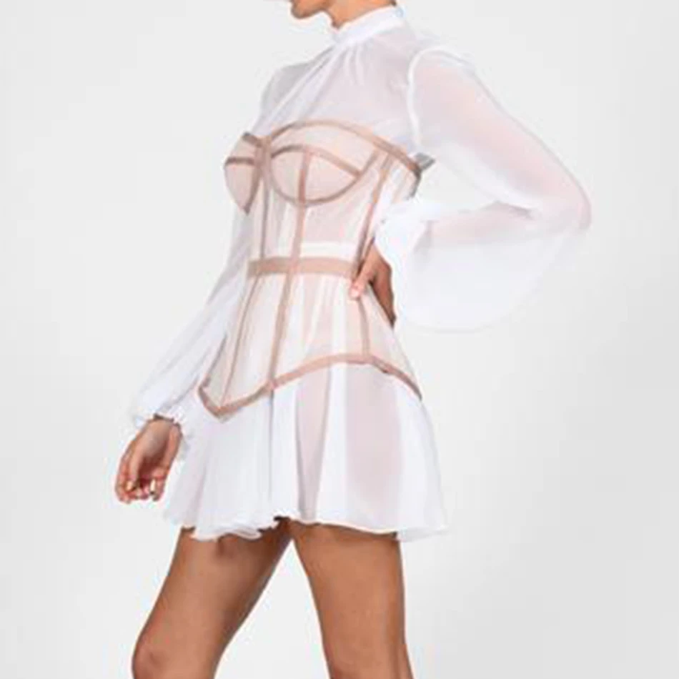 

Adyce 2021 Summer Women White Lace Mini Dress Sexy Striped Long Lantern Sleeve Fashion Celebrity Evening Club Party Lady Dresses