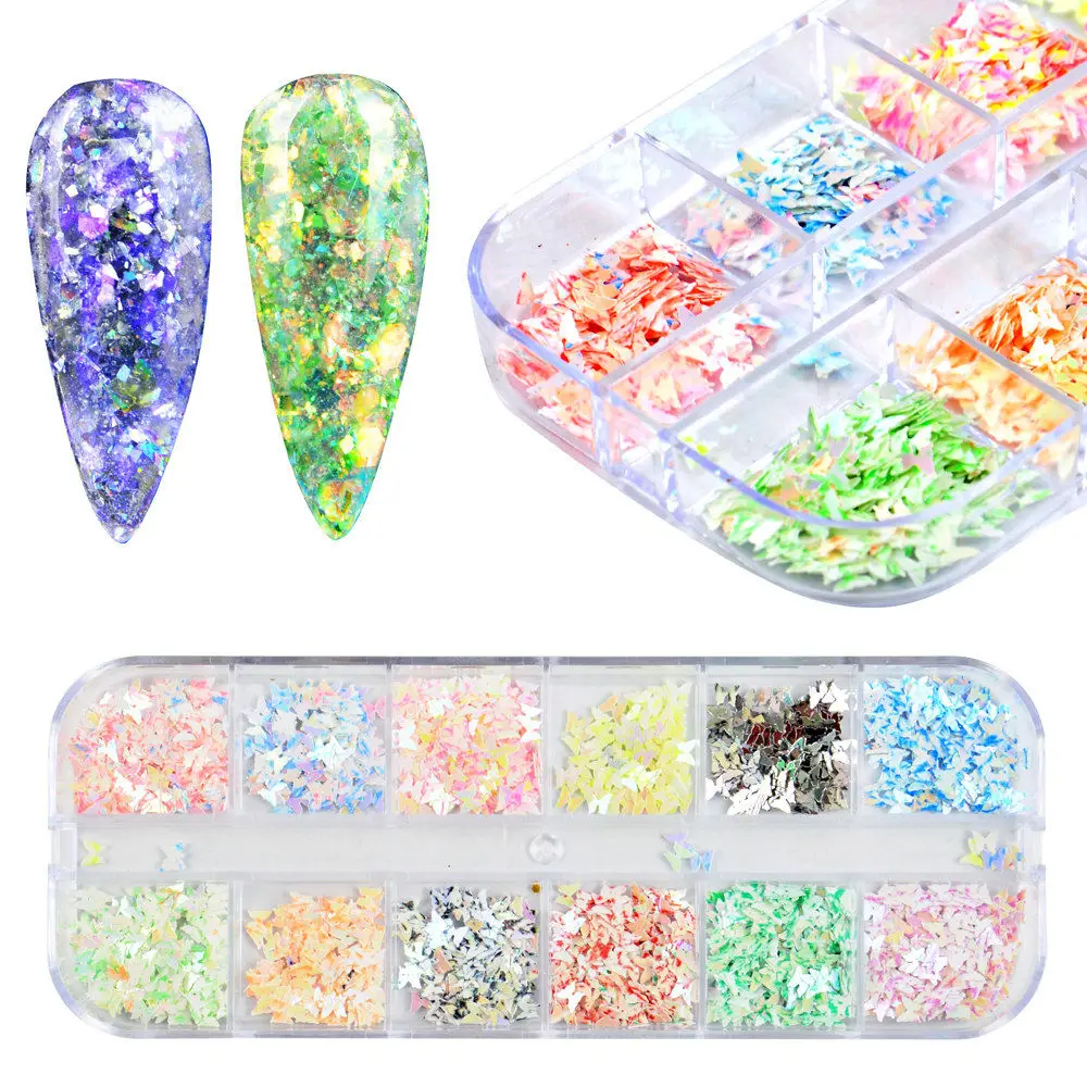 

12 Grids Mixed Butterfly Nail Glitter Mirror Sugar Sequin Powder for UV Gel Flakes Manicure Tips Nail Art Mermaid Pigment