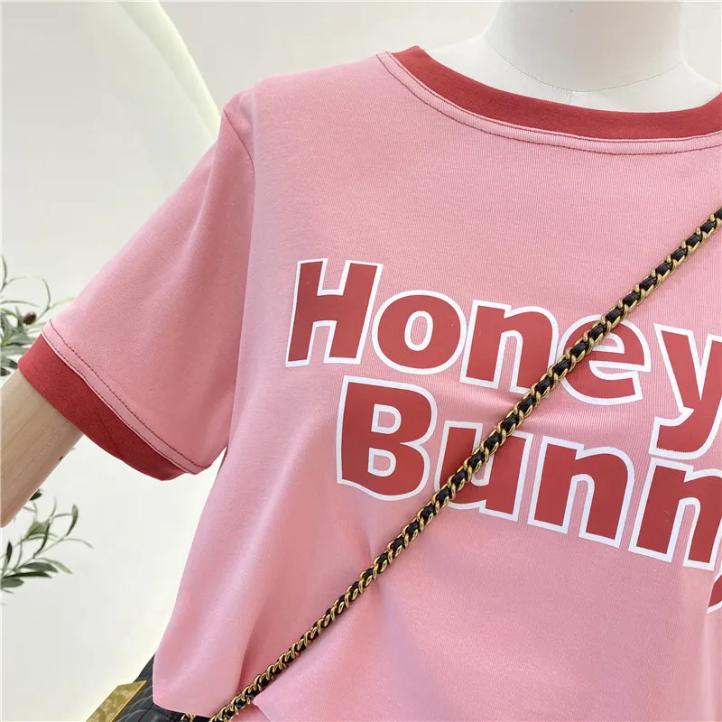 

2021 Summer New Korean Letter Contrast Color Cotton Tees Women's O- Neck Short Sleeve T-shirt Ladies Fashion Loose Slimming Top