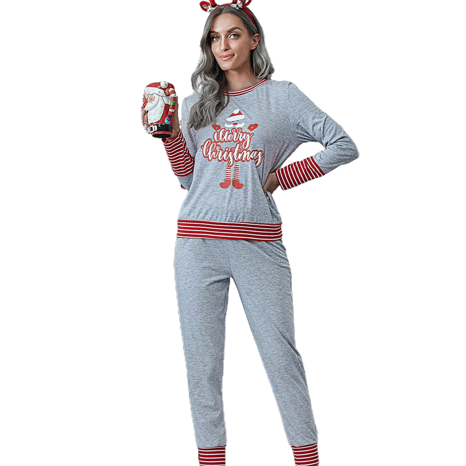 

Women Long Sleeve Blouse Pants Letters Stripes Christmas Pajamas Sleepwear Set