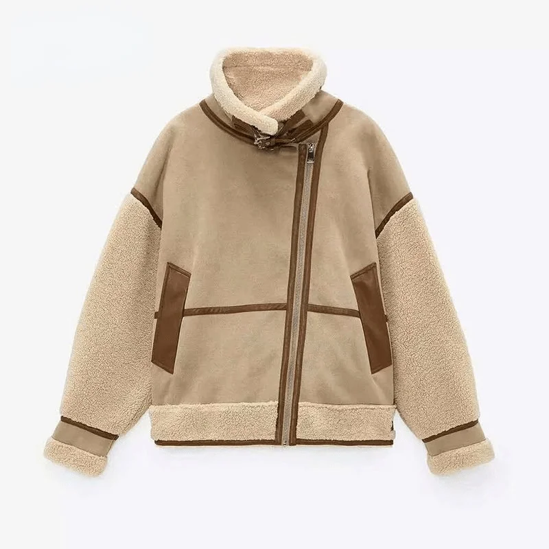 

2021 New winter female thick warm restore ancient ways suede wool motorcycle jacket chic loose artificial leather