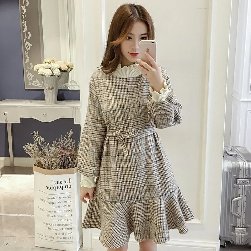 

Long Sleeve Dress Women High Waist Patchwork Winter Knee-length Chic Turtleneck Loose Elegant Slender Vintage Fashion Teens