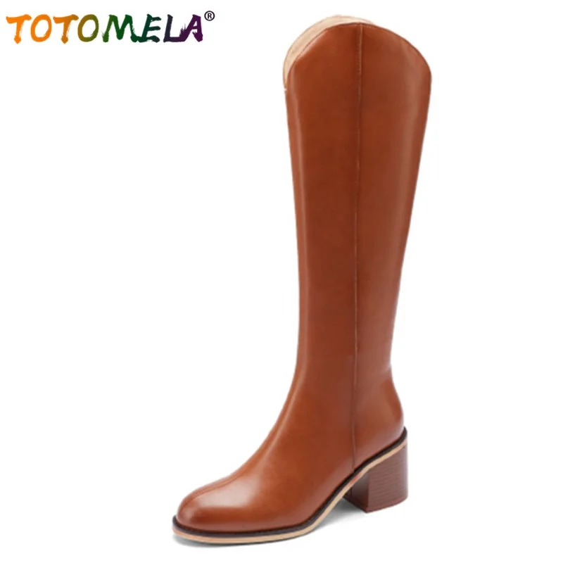 

TOTOMELA New Arrive Zipper Fashion Knee High Boots Comfortable With Fur Genuine Leather Boots Hand Made Retro Women Winter Boots
