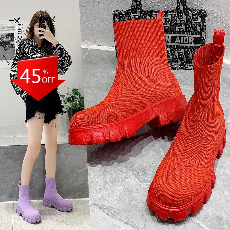 

Fall New Fashion Casual Mid-tube Mid-heel Women Elastic Fashion Socks Boots Women Plus Size Boots Thick-soled Boots