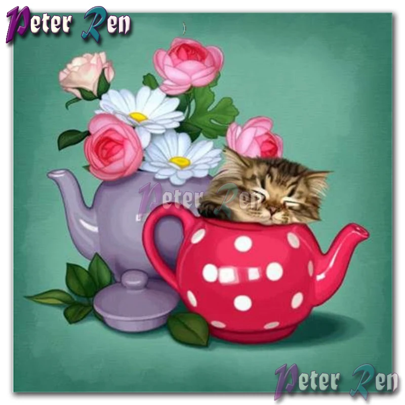 

5d Kettle Cat Flowers Diamond embroidery Square Round Painting Diy Mosaic cross stitch Kitchen living room decoration