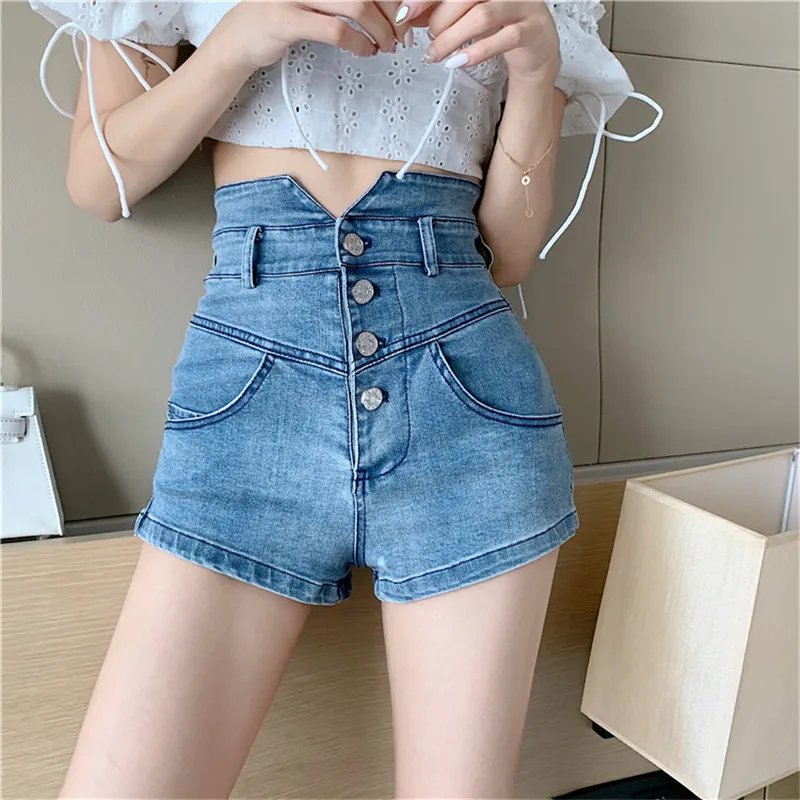 

women pants pantacourt femme High waist breasted slim-fit buttocks denim shorts women stretch hot trousers trend