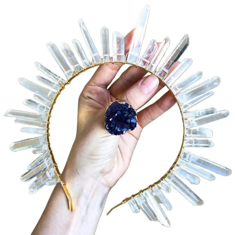 

Boho Bridal Wedding Headband Handmade Clear White Faux Crystal Quartz Hair Hoop