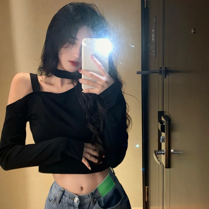 

Spring and Autumn New Long-sleeved T-shirt Women's Design Sense Clavicle Short Hot Girls Wear Halter Bottoming Shirt Top
