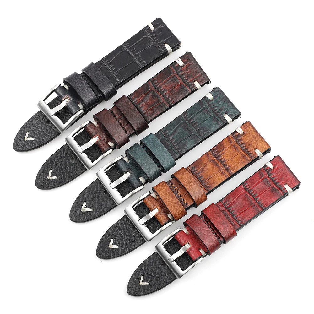Genuine Leather Watch Strap 18mm 20mm 22mm 24mm Handmade Stitching Vintage Alligator Watchband Replacement for Men Belts