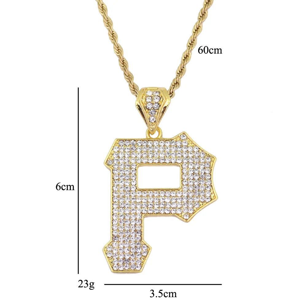 

Hip Hop Gold Color Alloy Bling Stone Letter P Pendants Long Link Chain Number Necklace for Women Men Rappers Jewelry Gifts