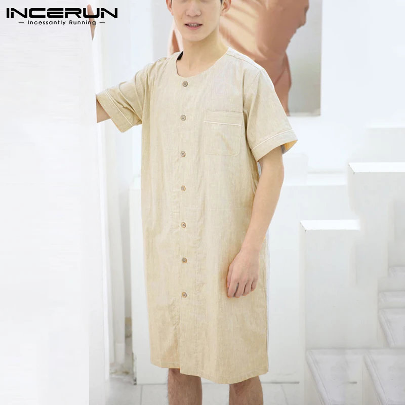 

INCERUN Men Solid Color Robes Short Sleeve Button Up Leisure Homewear Bathrobes Comfortable Cotton Summer Nightgown Men S-5XL