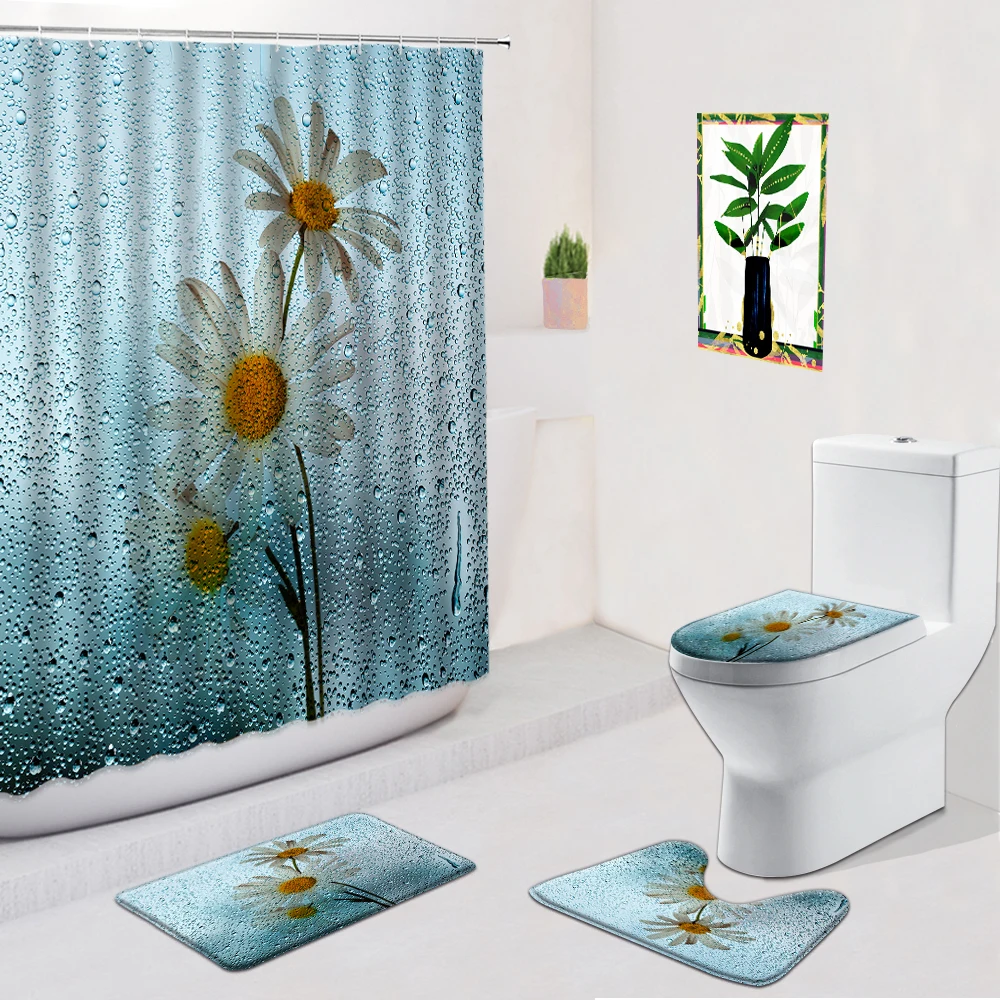 

Daisy flower Bathroom Set Shower Curtain Black And White Stripes Floral Flannel Non-Slip Rug Bath mats Toilet Cover Mat Foot Pad