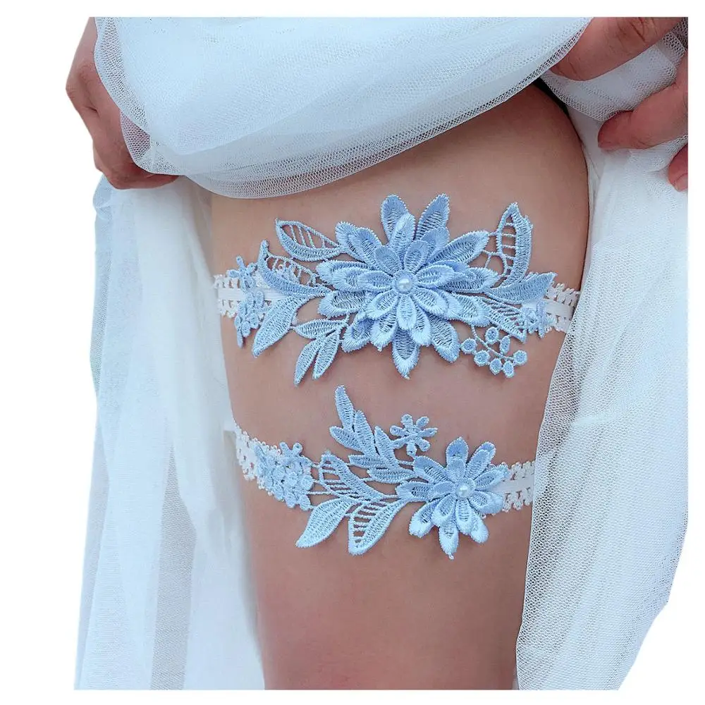

2pcs Light Blue Lace Wedding Party Garter Embroidery Floral Sexy Garter Bride Thigh Ring Bridal Lace Leg Ring Loop Gift to Bride