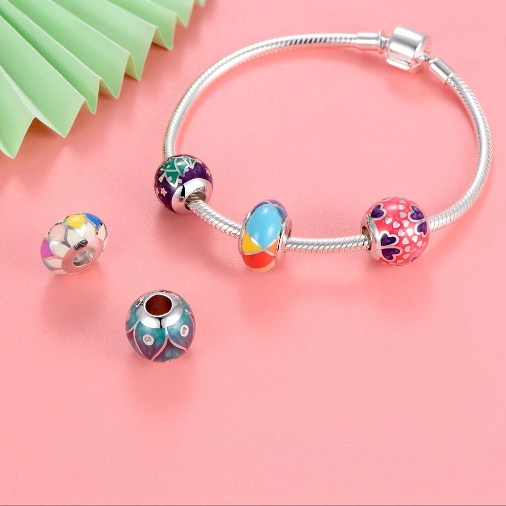 

New Colorful Round Beads Unique Charms Sterling Silver Enamel Beads For Brand Bracelet Aimili Jewelry AMLD038H20