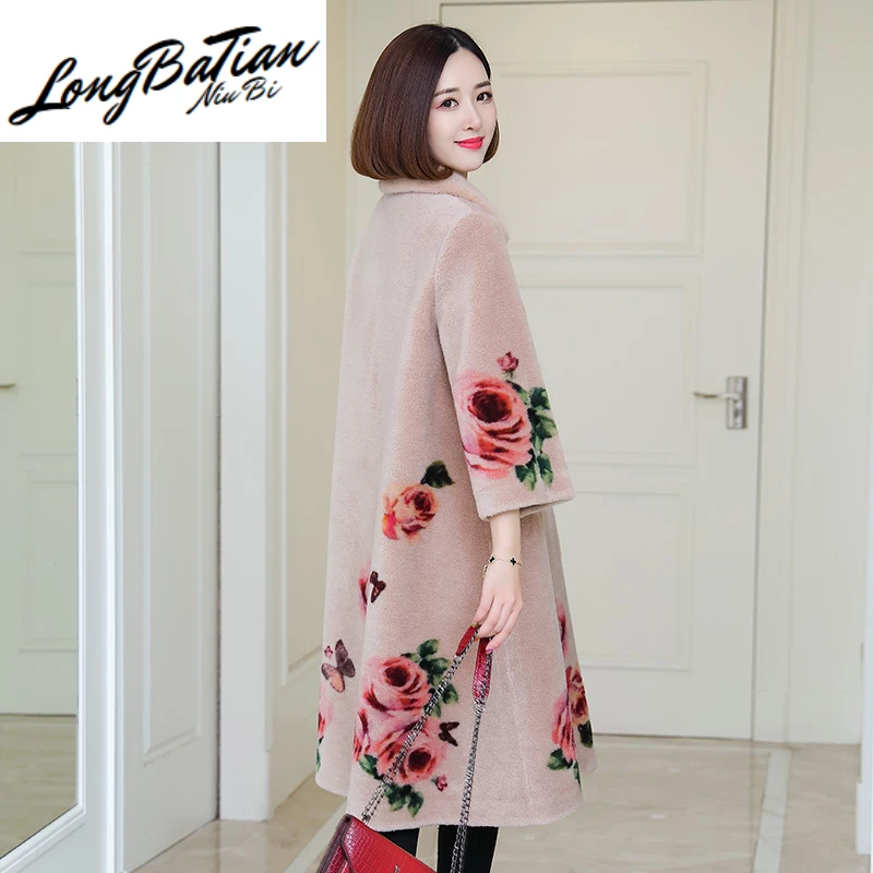 Женская зимняя куртка из овчины длинное пальто с принтом 100% шерсти и норкового