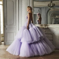 elegant lavender tiered ruffle tulle dresses women 2020 long floor length prom gowns a line strapless tulle dress custom made