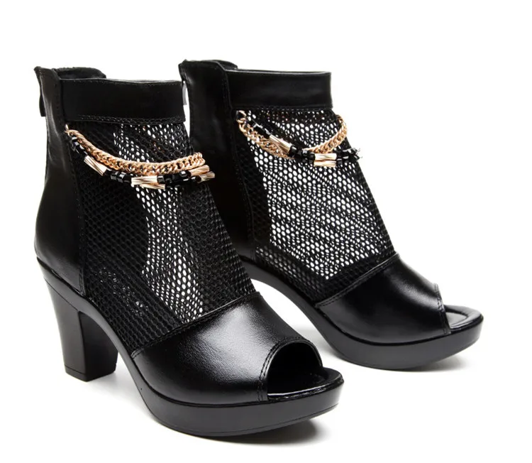 

Woman Fish mouth Sandals Shoes Summer Pumps High Heels Thick Peep Toe sexy black shoes Zip Fashion Hollow Solid Gladiator Plus