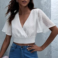 new style deep v neck exposed belly button short hedging ladies fashion 2022 pure color loose casual sexy trumpet sleeve v neck