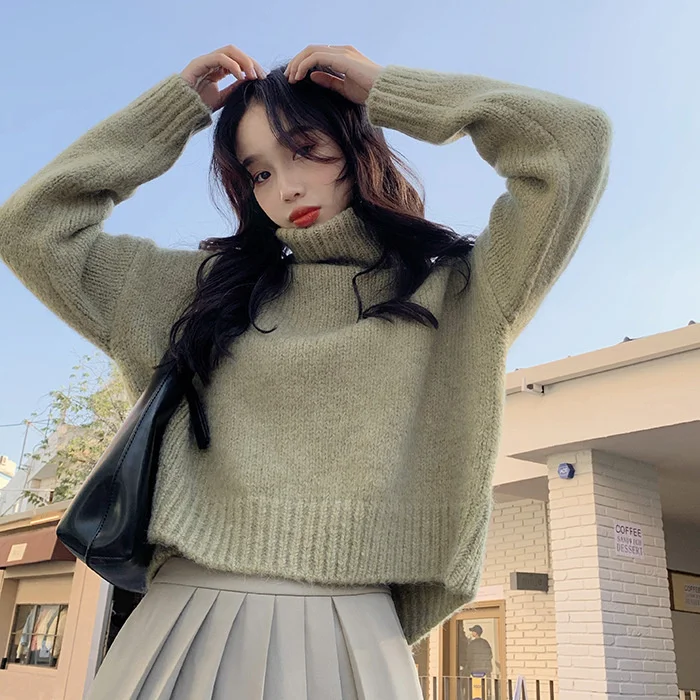 

Lazy Style Short Sweater Winter Loose Design High Neck Long Sleeve Knitted Pullover Top Women's C2425