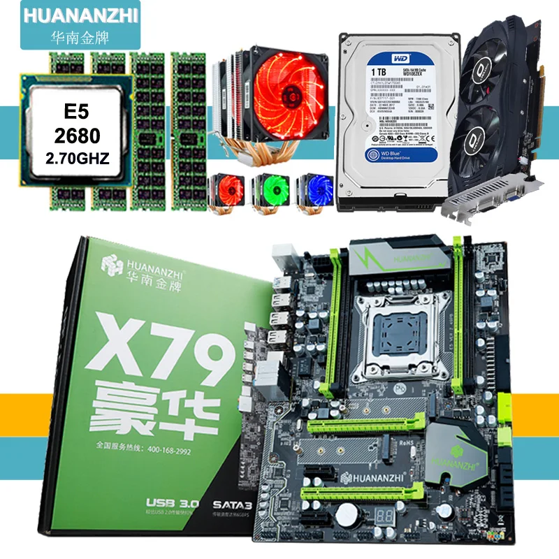 Материнская плата HUANAN ZHI X79 с разъемом M.2 ЦП Xeon E5 2680 C2 кулером ОЗУ 32 Гб (4*8 ГБ) 1600 RECC 1