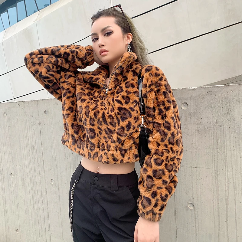 HEYounGIRL леопардовая Толстовка на меху с животным принтом женская Повседневная теплая Осенняя толстовка с капюшоном Женский пуловер на молнии с отложным воротником Топ