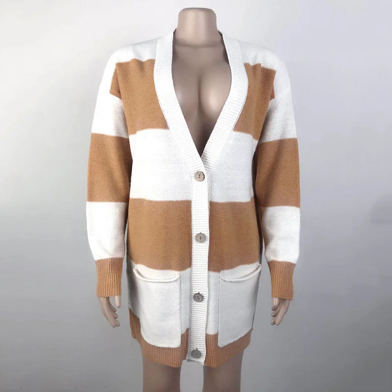 

2020 Autumn Winter Long Cardigan Women Button Cardigan Female Pocket Striped Sweater Long Sleeve Knitted Cardigan For Women